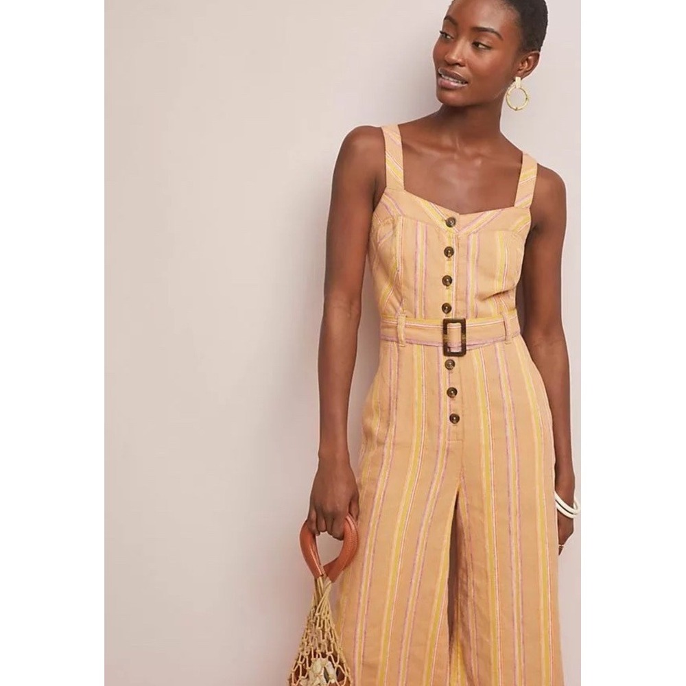 Anthropologie Arlene Linen Blend Button Front Belted Jumpsuit Wide‎ Leg Size 6P